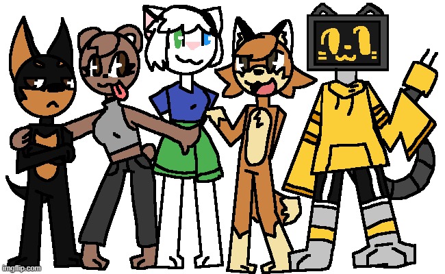 New fursonas that I created! (From left to right, Dober Mann, Brownie Bearington, Sally McKit, Cooper Anderson and ROBONEKO) | image tagged in fursona,furry | made w/ Imgflip meme maker