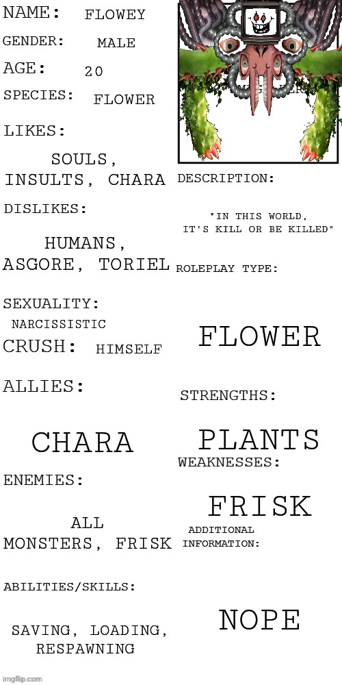 (Updated) Roleplay OC showcase | FLOWEY; MALE; 20; FLOWER; SOULS, INSULTS, CHARA; "IN THIS WORLD, IT'S KILL OR BE KILLED"; HUMANS, ASGORE, TORIEL; FLOWER; NARCISSISTIC; HIMSELF; CHARA; PLANTS; FRISK; ALL MONSTERS, FRISK; NOPE; SAVING, LOADING, RESPAWNING | image tagged in updated roleplay oc showcase | made w/ Imgflip meme maker