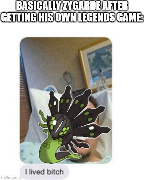 Zygarde DESERVES this W | BASICALLY ZYGARDE AFTER GETTING HIS OWN LEGENDS GAME: | image tagged in i lived bitch,pokemon | made w/ Imgflip meme maker