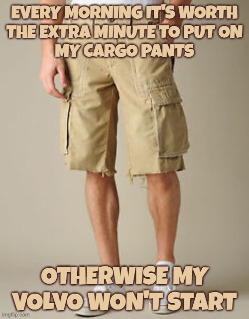 Safe pants, safe car | EVERY MORNING IT'S WORTH
THE EXTRA MINUTE TO PUT ON
MY CARGO PANTS; OTHERWISE MY VOLVO WON'T START | image tagged in cargo shorts,memes,volvo,cargo,pants,eyeroll | made w/ Imgflip meme maker