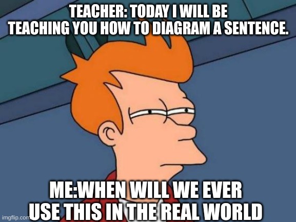 When will we ever use this... | TEACHER: TODAY I WILL BE TEACHING YOU HOW TO DIAGRAM A SENTENCE. ME:WHEN WILL WE EVER USE THIS IN THE REAL WORLD | image tagged in memes,futurama fry | made w/ Imgflip meme maker