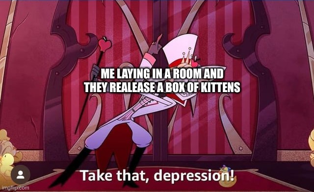 Take THAT, depression! | ME LAYING IN A ROOM AND THEY REALEASE A BOX OF KITTENS | image tagged in take that depression | made w/ Imgflip meme maker