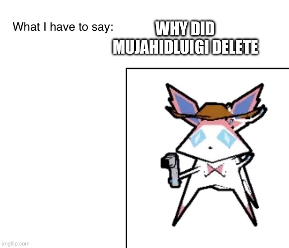 SylveonTheCowboyMon‘s announcement temp | WHY DID MUJAHIDLUIGI DELETE | image tagged in sylveonthecowboymon s announcement temp | made w/ Imgflip meme maker