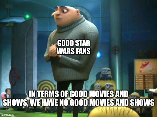 Amyrite? | GOOD STAR WARS FANS; IN TERMS OF GOOD MOVIES AND SHOWS, WE HAVE NO GOOD MOVIES AND SHOWS | image tagged in in terms of money we have no money,star wars,despicable me | made w/ Imgflip meme maker