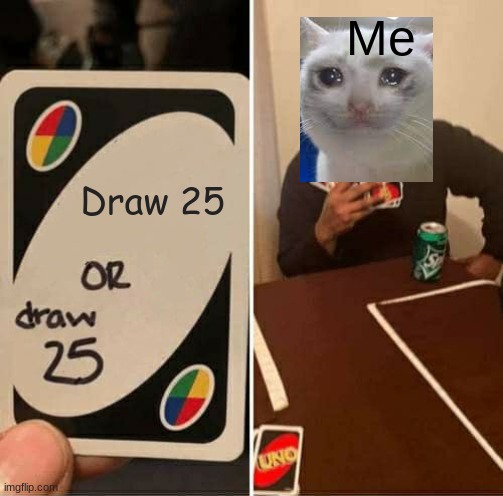 Draw 25 or Draw 25 | Me; Draw 25 | image tagged in memes,uno draw 25 cards,funny,cat | made w/ Imgflip meme maker