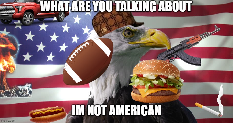 Bald Eagle with American Flag | WHAT ARE YOU TALKING ABOUT IM NOT AMERICAN | image tagged in bald eagle with american flag | made w/ Imgflip meme maker