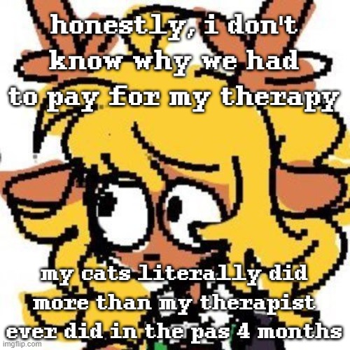 screw therapy it don't work, just get cats | honestly, i don't know why we had to pay for my therapy; my cats literally did more than my therapist ever did in the pas 4 months | image tagged in uh | made w/ Imgflip meme maker