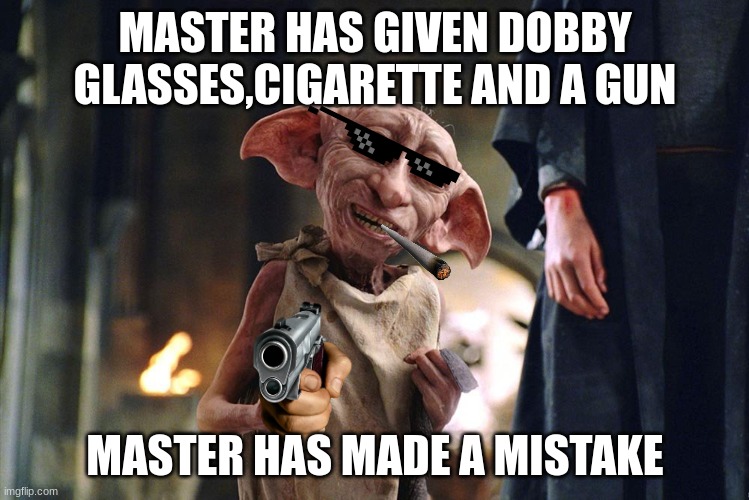 Dobby is free | MASTER HAS GIVEN DOBBY GLASSES,CIGARETTE AND A GUN; MASTER HAS MADE A MISTAKE | image tagged in dobby is free | made w/ Imgflip meme maker