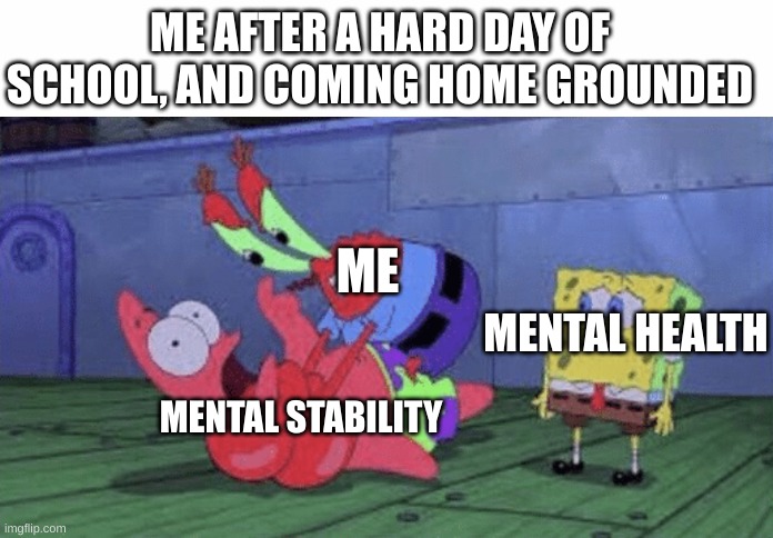 How true is this? | ME AFTER A HARD DAY OF SCHOOL, AND COMING HOME GROUNDED; ME; MENTAL HEALTH; MENTAL STABILITY | image tagged in white text box,mr krabs choking patrick,mental health | made w/ Imgflip meme maker