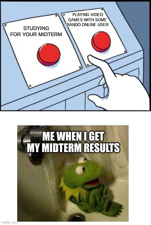 PLAYING VIDEO GAMES WITH SOME RANDO ONLINE USER; STUDYING FOR YOUR MIDTERM; ME WHEN I GET MY MIDTERM RESULTS | image tagged in school | made w/ Imgflip meme maker
