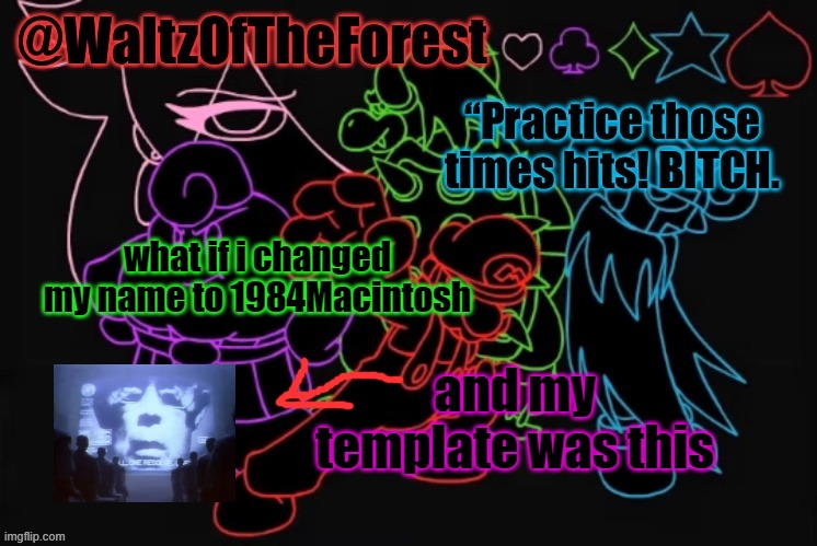 WaltzOfTheForest’s Announcement Template! | what if i changed my name to 1984Macintosh; and my template was this | image tagged in waltzoftheforest s announcement template | made w/ Imgflip meme maker