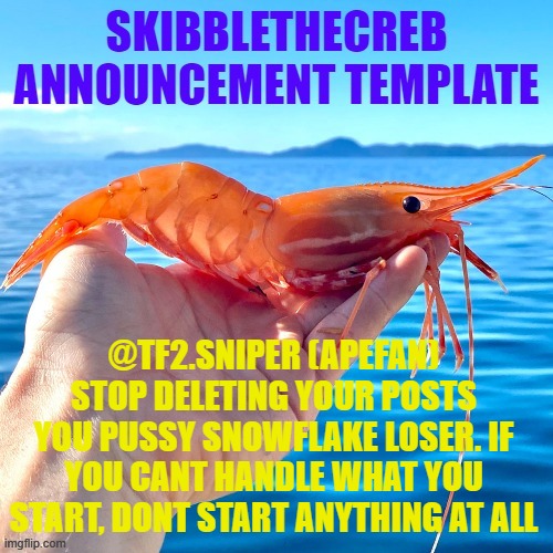 @TF2.SNIPER (APEFAN) STOP DELETING YOUR POSTS YOU PUSSY SNOWFLAKE LOSER. IF YOU CANT HANDLE WHAT YOU START, DONT START ANYTHING AT ALL | image tagged in skibblethecreb announcement template | made w/ Imgflip meme maker