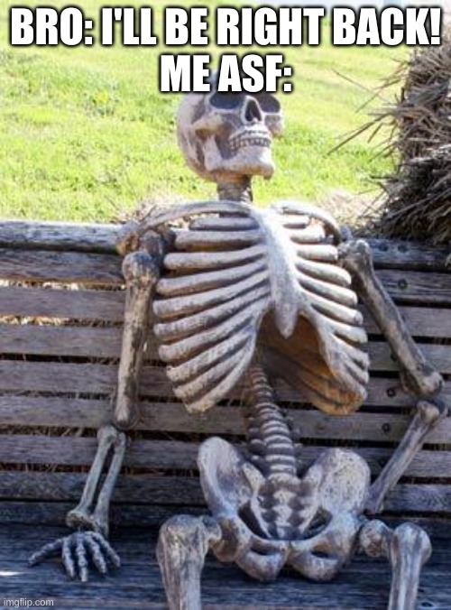 why though? | BRO: I'LL BE RIGHT BACK!
ME ASF: | image tagged in memes,waiting skeleton | made w/ Imgflip meme maker