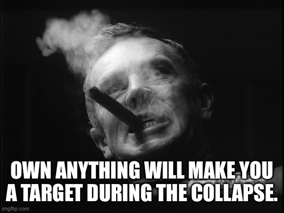 General Ripper (Dr. Strangelove) | OWN ANYTHING WILL MAKE YOU A TARGET DURING THE COLLAPSE. | image tagged in general ripper dr strangelove | made w/ Imgflip meme maker