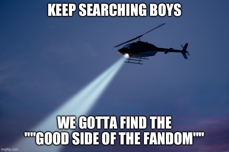 Search helicopter | KEEP SEARCHING BOYS WE GOTTA FIND THE ""GOOD SIDE OF THE FANDOM"" | image tagged in search helicopter | made w/ Imgflip meme maker