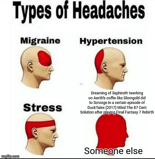 Types of Headaches meme | Dreaming of Sephiroth twerking on Aerith's coffin like Glomgold did to Scrooge in a certain episode of DuckTales (2017) titled The 87 Cent Solution after playing Final Fantasy 7 Rebirth; Someone else | image tagged in types of headaches meme,twerking,final fantasy 7,ducktales | made w/ Imgflip meme maker