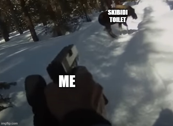 i will kill skibidi toilet | SKIBIDI TOILET; ME | image tagged in man shoots moose with his glock after being attacked,skibidi toilet is cringe | made w/ Imgflip meme maker