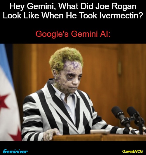 Geminiver | Hey Gemini, What Did Joe Rogan Look Like When He Took Ivermectin? Google's Gemini AI:; Geminiver; OzwinEVCG | image tagged in lori lightfoot beetlejuice,google gemini,artificial intelligence,cnn fake news,joe rogan,ivermectin | made w/ Imgflip meme maker