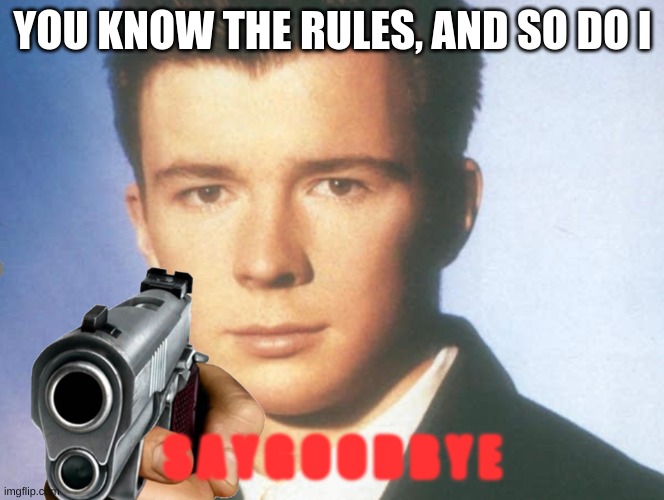You know the rules and so do I. SAY GOODBYE. | YOU KNOW THE RULES, AND SO DO I S A Y G O O D B Y E | image tagged in you know the rules and so do i say goodbye | made w/ Imgflip meme maker