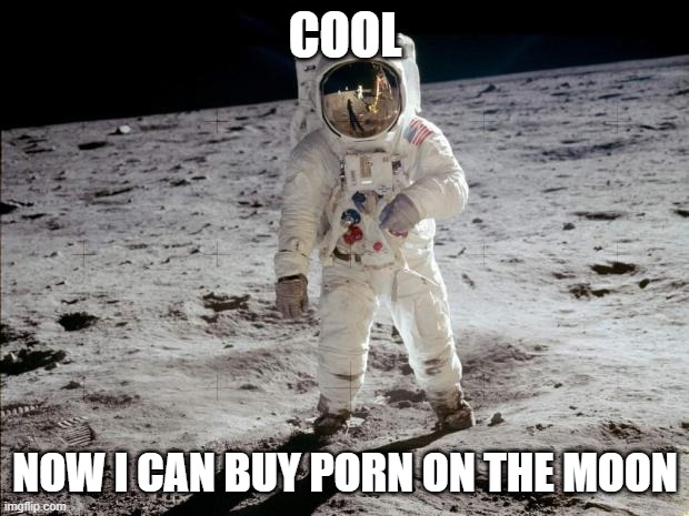 Moon Landing | COOL NOW I CAN BUY PORN ON THE MOON | image tagged in moon landing | made w/ Imgflip meme maker