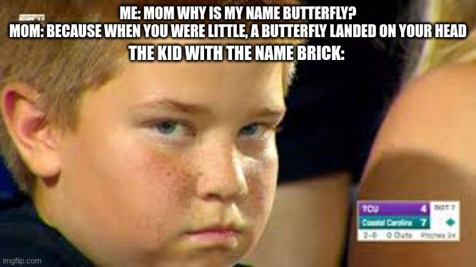LMAO | ME: MOM WHY IS MY NAME BUTTERFLY?
MOM: BECAUSE WHEN YOU WERE LITTLE, A BUTTERFLY LANDED ON YOUR HEAD; THE KID WITH THE NAME BRICK: | image tagged in lol,brick,meme | made w/ Imgflip meme maker