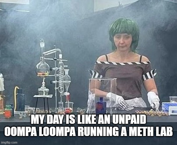 My day is like... | MY DAY IS LIKE AN UNPAID OOMPA LOOMPA RUNNING A METH LAB | image tagged in oompa loompa | made w/ Imgflip meme maker