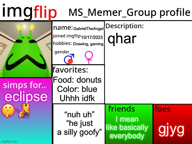 gahhrr | GabrielTheAngel; qhar; 10/17/2023; Drawing, gaming; Food: donuts
Color: blue
Uhhh idfk; eclipse 
🤫🧏‍♂️; “nuh uh”
“he just a silly goofy”; gjyg; I mean like basically everybody | image tagged in msmg profile | made w/ Imgflip meme maker