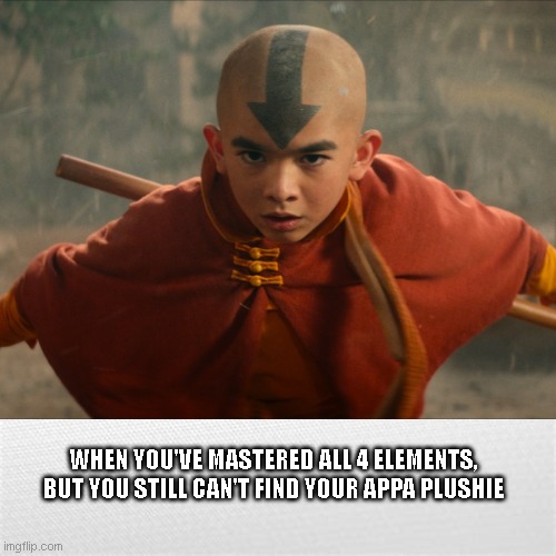 Aang lost his appa plushie | WHEN YOU'VE MASTERED ALL 4 ELEMENTS, BUT YOU STILL CAN'T FIND YOUR APPA PLUSHIE | image tagged in atla,avatar the last airbender,appa,aang,meme,live action | made w/ Imgflip meme maker