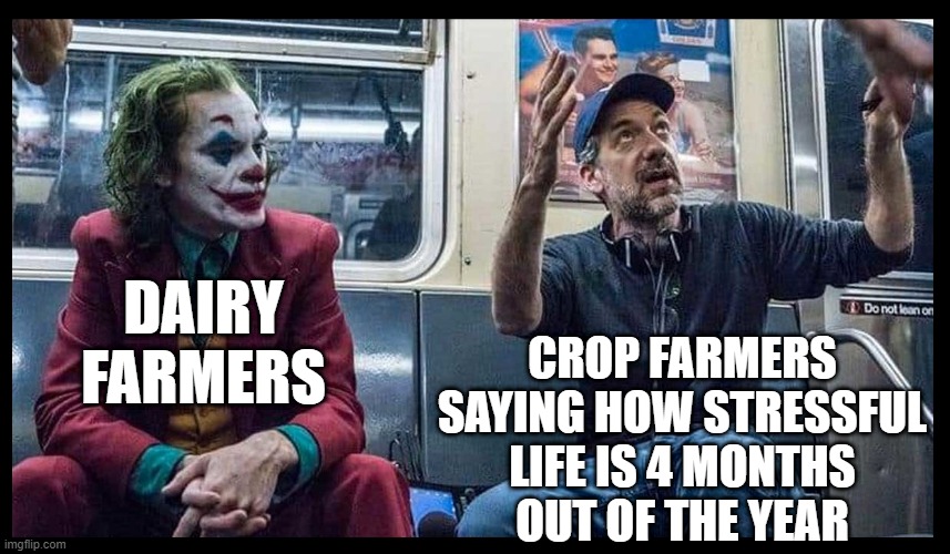 CROP FARMERS SAYING HOW STRESSFUL LIFE IS 4 MONTHS
OUT OF THE YEAR; DAIRY FARMERS | image tagged in farming,it ain't much but it's honest work,farmer,dairy,cows,beef | made w/ Imgflip meme maker