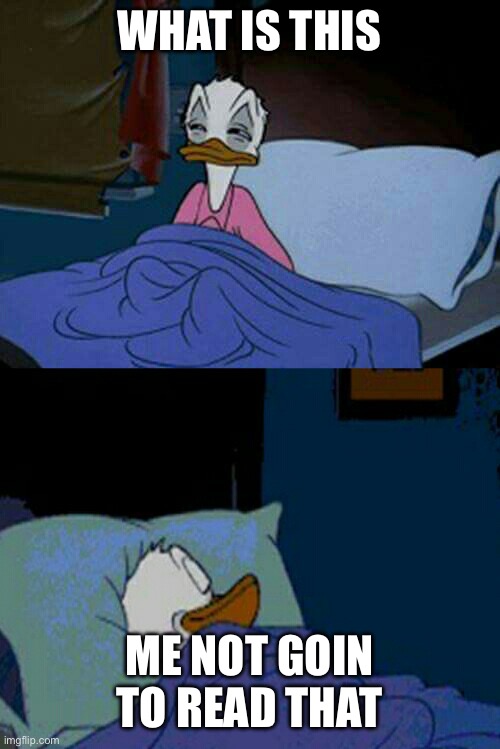 sleepy donald duck in bed | WHAT IS THIS ME NOT GOIN TO READ THAT | image tagged in sleepy donald duck in bed | made w/ Imgflip meme maker