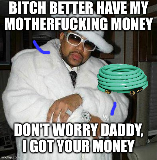 pimpin his homophones | BITCH BETTER HAVE MY
MOTHERFUCKING MONEY; DON'T WORRY DADDY,
I GOT YOUR MONEY | image tagged in pimp c | made w/ Imgflip meme maker