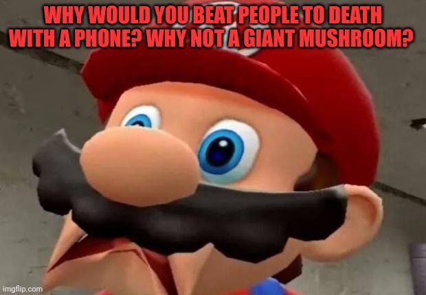Mario WTF | WHY WOULD YOU BEAT PEOPLE TO DEATH WITH A PHONE? WHY NOT A GIANT MUSHROOM? | image tagged in mario wtf | made w/ Imgflip meme maker