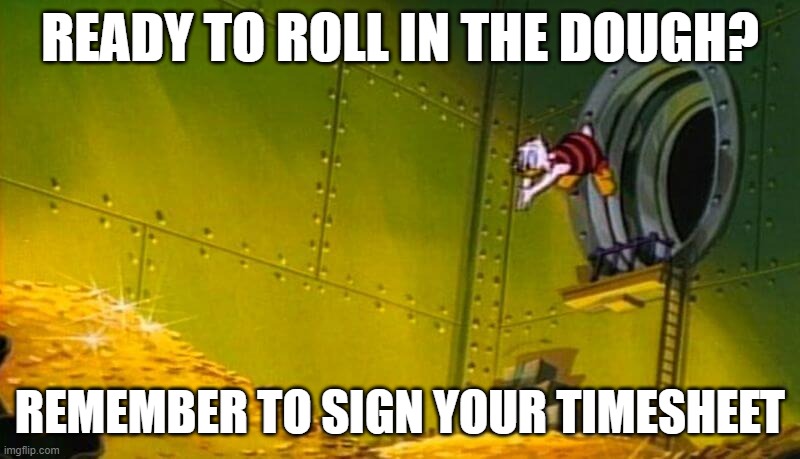 sign your timesheet | READY TO ROLL IN THE DOUGH? REMEMBER TO SIGN YOUR TIMESHEET | image tagged in scrooge mcduck dives into gold coins | made w/ Imgflip meme maker