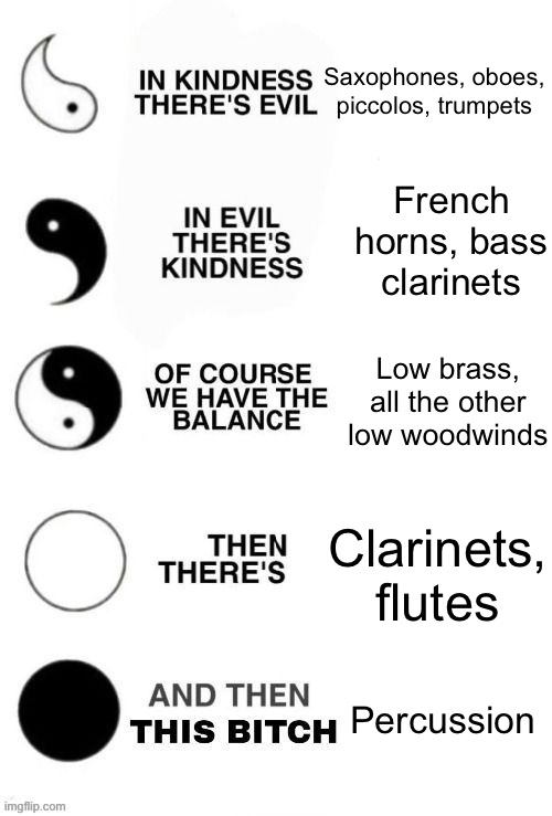 My school band be like…(updated) ((where are the trombones?)) | Saxophones, oboes, piccolos, trumpets; French horns, bass clarinets; Low brass, all the other low woodwinds; Clarinets, flutes; Percussion | image tagged in which one are you ying and yang | made w/ Imgflip meme maker