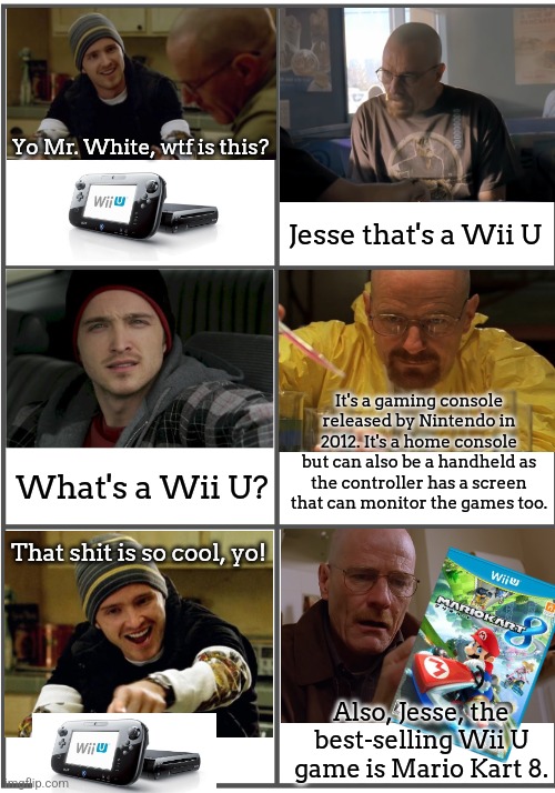 Blank Comic Panel 2x3 | Yo Mr. White, wtf is this? Jesse that's a Wii U; It's a gaming console released by Nintendo in 2012. It's a home console but can also be a handheld as the controller has a screen that can monitor the games too. What's a Wii U? That shit is so cool, yo! Also, Jesse, the best-selling Wii U game is Mario Kart 8. | image tagged in blank comic panel 2x3 | made w/ Imgflip meme maker