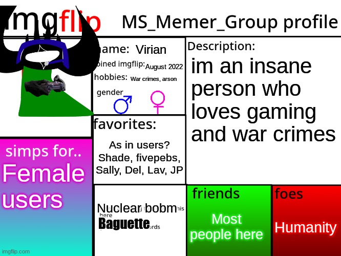 MSMG Profile | Virian; im an insane person who loves gaming and war crimes; August 2022; War crimes, arson; As in users? Shade, fivepebs, Sally, Del, Lav, JP; Female users; Humanity; Most people here; Nuclear bobm; Baguette | image tagged in msmg profile | made w/ Imgflip meme maker
