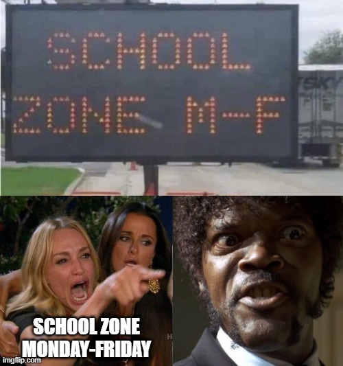 School Zone | SCHOOL ZONE MONDAY-FRIDAY | image tagged in memes,woman yelling at cat | made w/ Imgflip meme maker