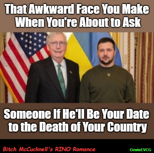 Bitch McCucknell's RINO Romance [NV] | That Awkward Face You Make 

When You're About to Ask; Someone If He'll Be Your Date 

to the Death of Your Country; Bitch McCucknell's RINO Romance; OzwinEVCG | image tagged in america first,mitch mcconnell,want my country back,ukraine war,rinos,volodymyr zelensky | made w/ Imgflip meme maker