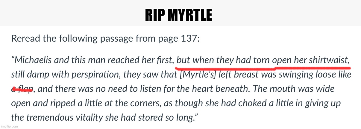 From the book “The great Gatsby” | RIP MYRTLE | made w/ Imgflip meme maker