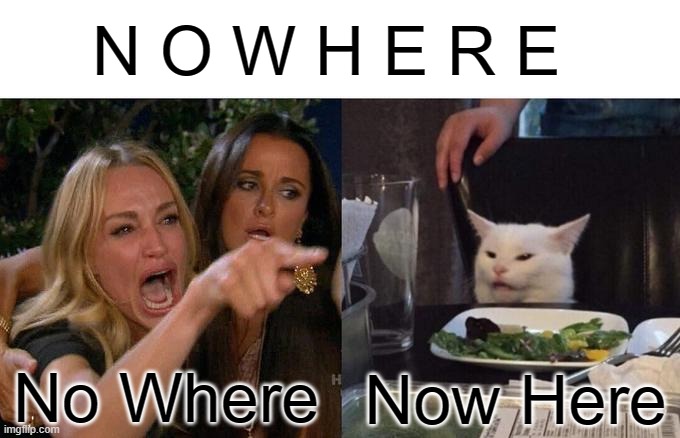 Woman Yelling At Cat | N O W H E R E; No Where; Now Here | image tagged in memes,woman yelling at cat | made w/ Imgflip meme maker