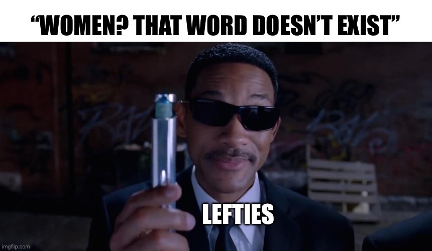 Women | “WOMEN? THAT WORD DOESN’T EXIST”; LEFTIES | image tagged in men in black mind eraser will smith,women,leftists,political meme,politics,cancel culture | made w/ Imgflip meme maker