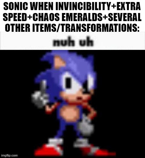 CD Sonic Nuh Uh | SONIC WHEN INVINCIBILITY+EXTRA SPEED+CHAOS EMERALDS+SEVERAL OTHER ITEMS/TRANSFORMATIONS: | image tagged in cd sonic nuh uh | made w/ Imgflip meme maker