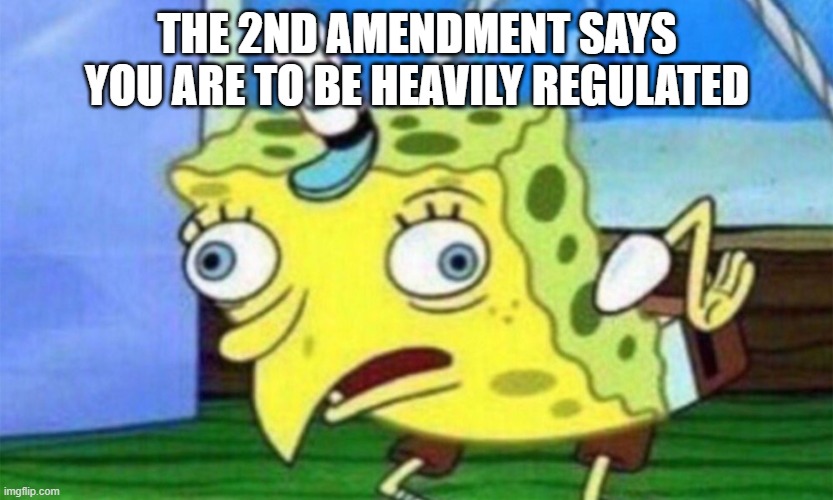 2nd amendment | THE 2ND AMENDMENT SAYS YOU ARE TO BE HEAVILY REGULATED | image tagged in spongebob stupid,2nd amendment,guns | made w/ Imgflip meme maker