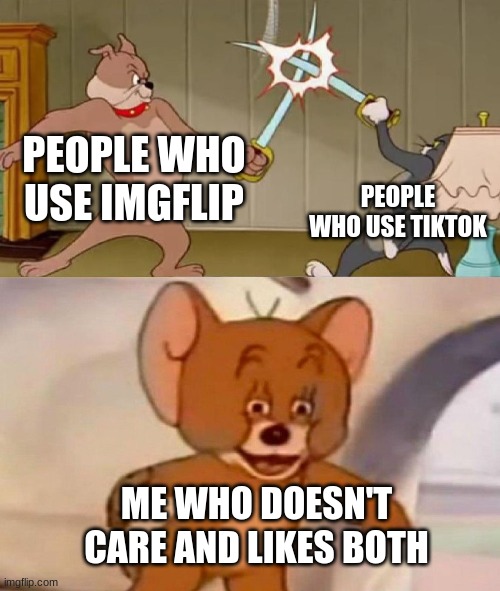 Me be like | PEOPLE WHO USE IMGFLIP; PEOPLE WHO USE TIKTOK; ME WHO DOESN'T CARE AND LIKES BOTH | image tagged in tom and jerry swordfight | made w/ Imgflip meme maker