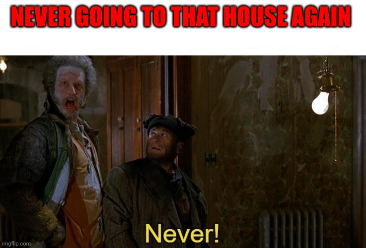 Never | NEVER GOING TO THAT HOUSE AGAIN | image tagged in home alone never template,funny memes | made w/ Imgflip meme maker