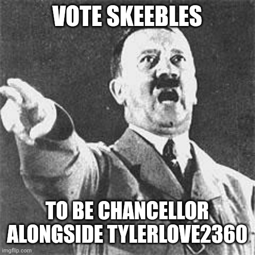 Hitler | VOTE SKEEBLES; TO BE CHANCELLOR ALONGSIDE TYLERLOVE2360 | made w/ Imgflip meme maker