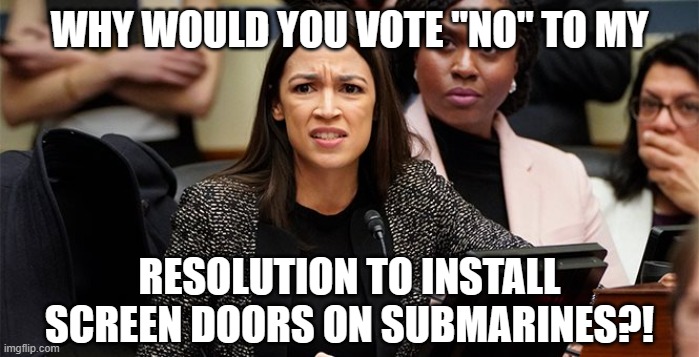 confused aoc | WHY WOULD YOU VOTE "NO" TO MY RESOLUTION TO INSTALL SCREEN DOORS ON SUBMARINES?! | image tagged in confused aoc | made w/ Imgflip meme maker