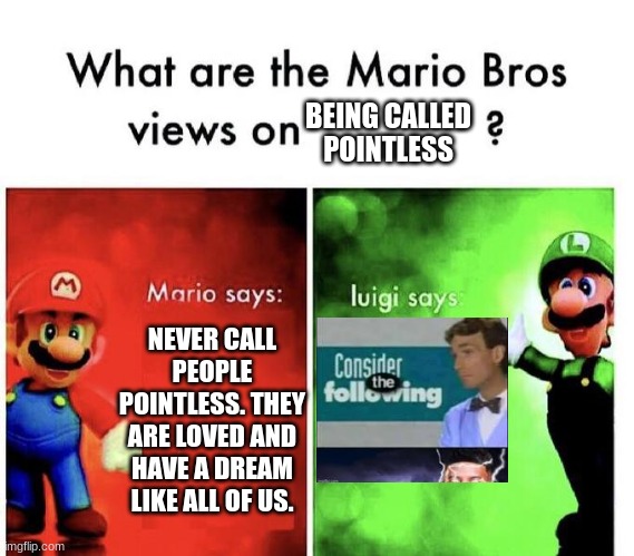 Oh, okay luigi! *Dies* | BEING CALLED POINTLESS; NEVER CALL PEOPLE POINTLESS. THEY ARE LOVED AND HAVE A DREAM LIKE ALL OF US. | image tagged in mario bros views | made w/ Imgflip meme maker