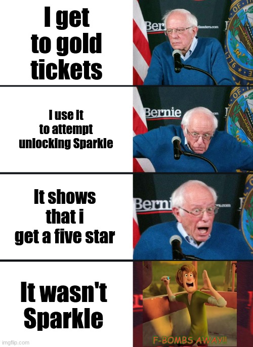 First MMXD did this, Now HSR wanted to Do this | I get to gold tickets; I use it to attempt unlocking Sparkle; It shows that i get a five star; It wasn't Sparkle | image tagged in bernie sanders reaction nuked,honkai star rail,f bombs away,hold up,you had one job | made w/ Imgflip meme maker