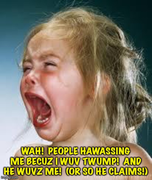 No matter what he says, Trump only loves himself. | WAH!  PEOPLE HAWASSING ME BECUZ I WUV TWUMP!  AND HE WUVZ ME!  (OR SO HE CLAIMS!) | image tagged in crying baby | made w/ Imgflip meme maker